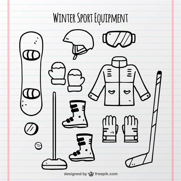 Vecteur gratuit collection d'objets de sports d'hiver dessinés à la main