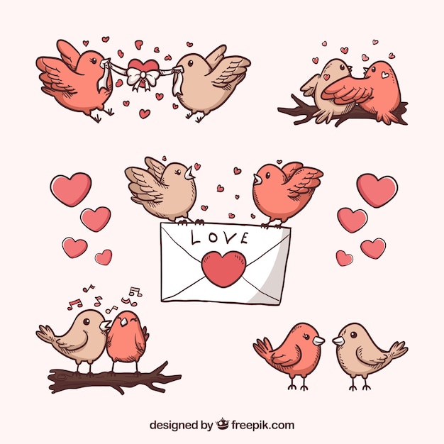 Vecteur gratuit collection d'oiseaux vintage saint-valentin