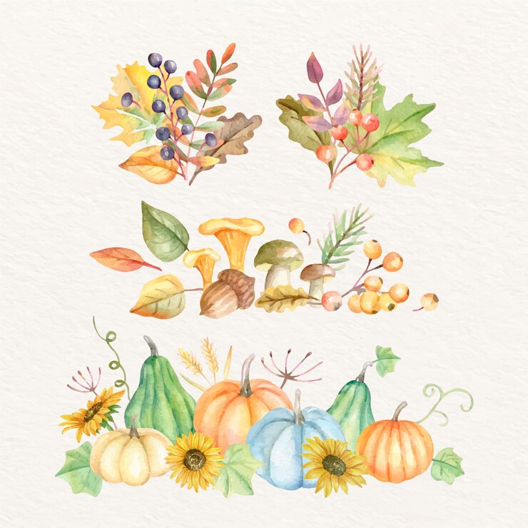 Vecteur gratuit collection d'ornements d'automne aquarelle avec végétation et plantes