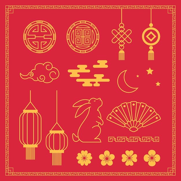 Vecteur gratuit collection d'ornements de célébration du nouvel an chinois plat