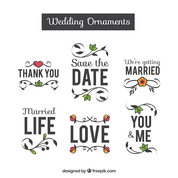 Vecteur gratuit collection d'ornements de mariage au design plat