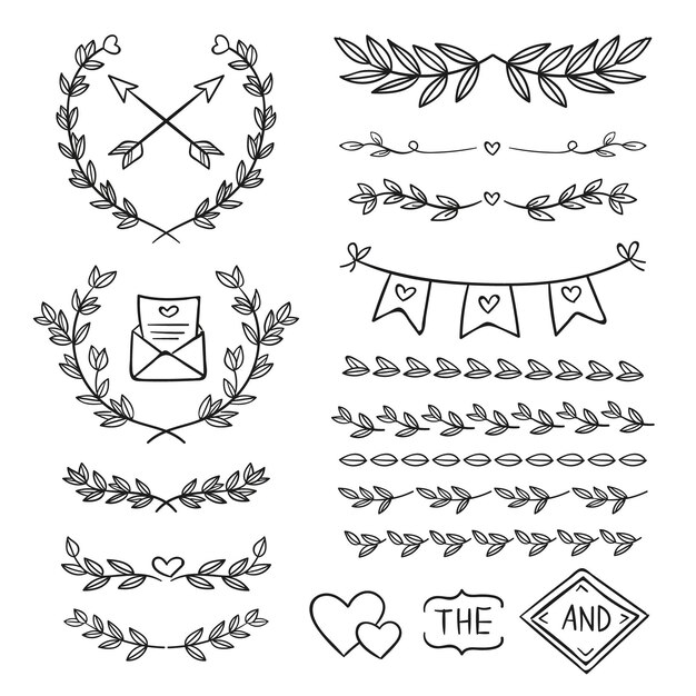 Collection d'ornements de mariage dessinés à la main
