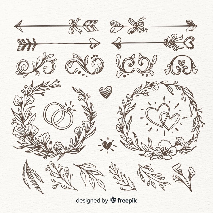 Vecteur gratuit collection d'ornements de mariage dessinés à la main