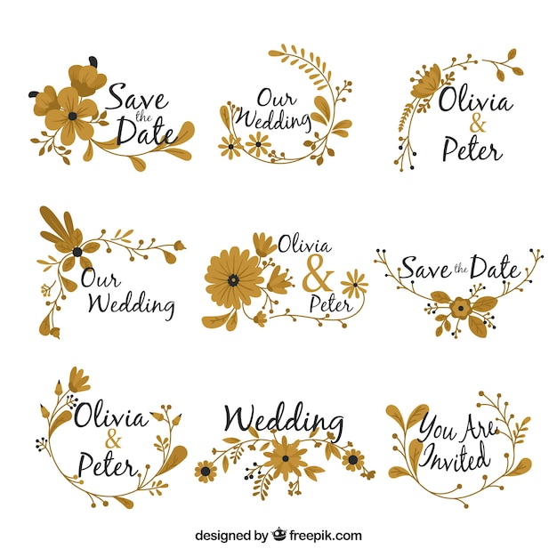 Vecteur gratuit collection d'ornements de mariage avec des fleurs dorées