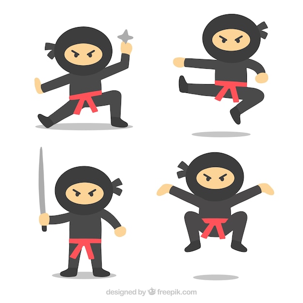 Collection De Personnage Plat Ninja Dans Différentes Poses