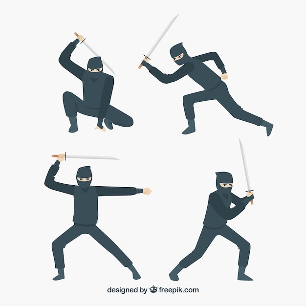 Collection de personnage plat ninja dans différentes poses