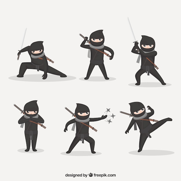 Collection De Personnage Plat Ninja Dans Différentes Poses