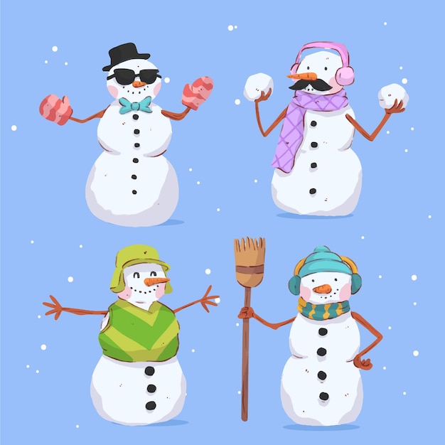 Vecteur gratuit collection de personnages de bonhomme de neige dessinés à la main