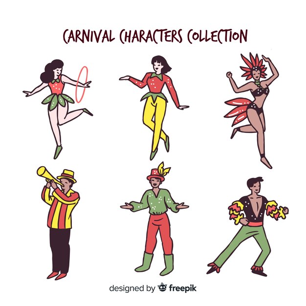 Collection de personnages de carnaval dessinés à la main