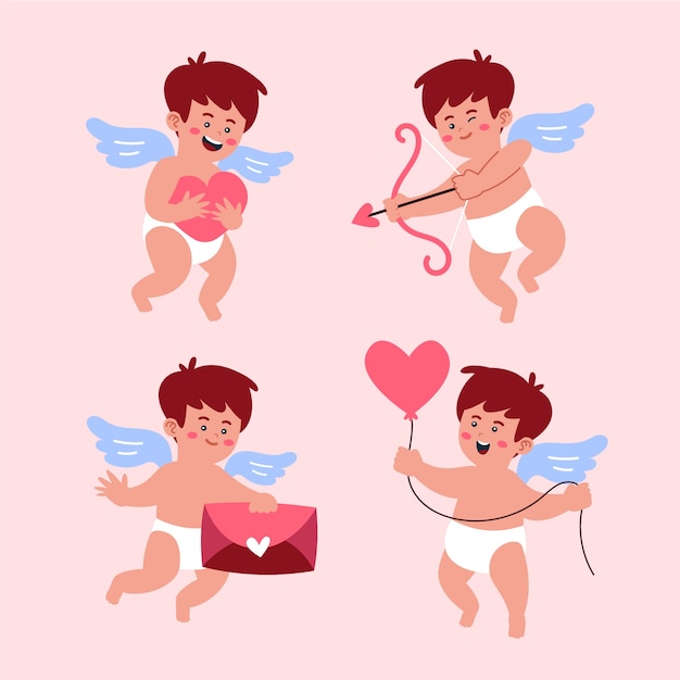 Vecteur gratuit collection de personnages de cupidon plat saint valentin