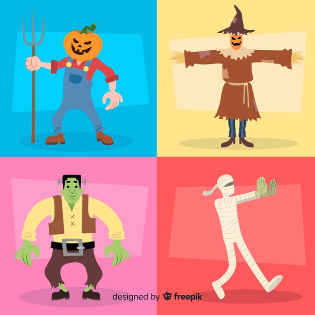 Collection de personnages halloween dessinés à la main