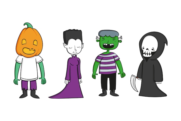 Vecteur gratuit collection de personnages d'halloween dessinés à la main