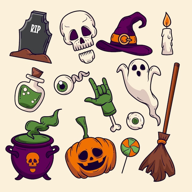 Collection de personnages halloween dessinés à la main
