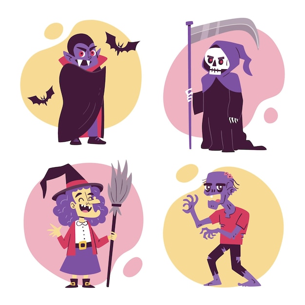 Vecteur gratuit collection de personnages d'halloween dessinés à la main