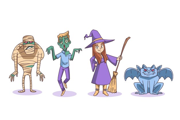 Collection de personnages d'halloween dessinés à la main