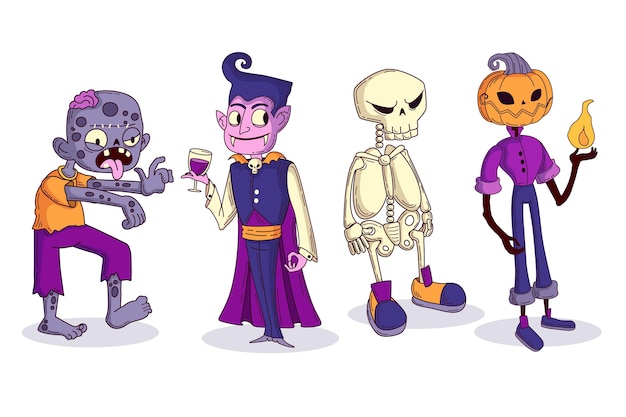Vecteur gratuit collection de personnages d'halloween dessinés à la main