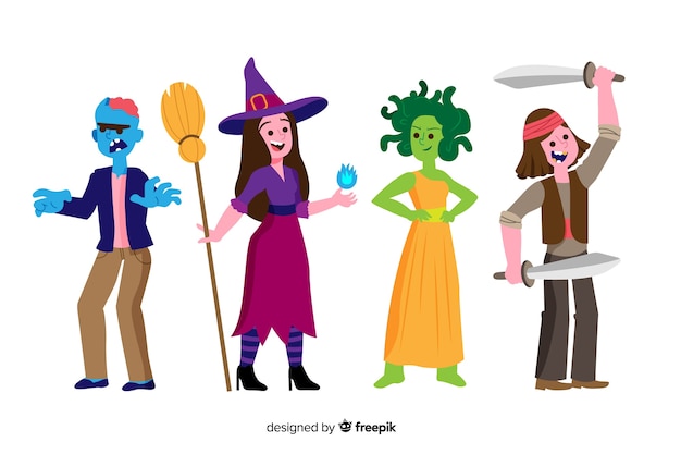 Vecteur gratuit collection de personnages halloween plat