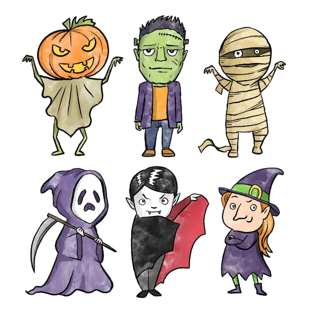 Vecteur gratuit collection de personnages halloween style aquarelle