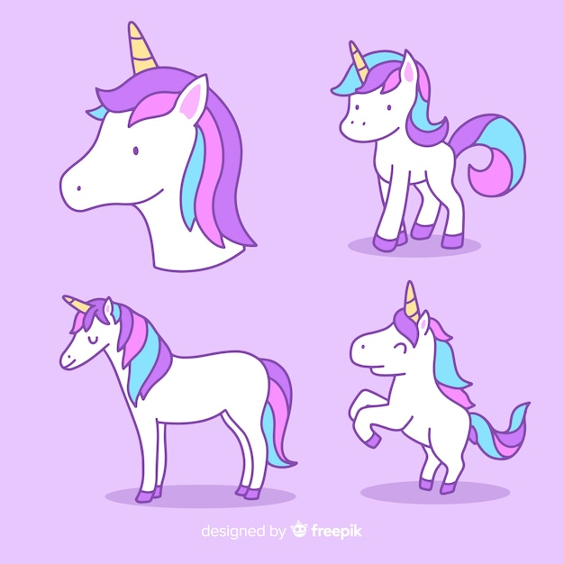 Vecteur gratuit collection de personnages de licorne kawaii