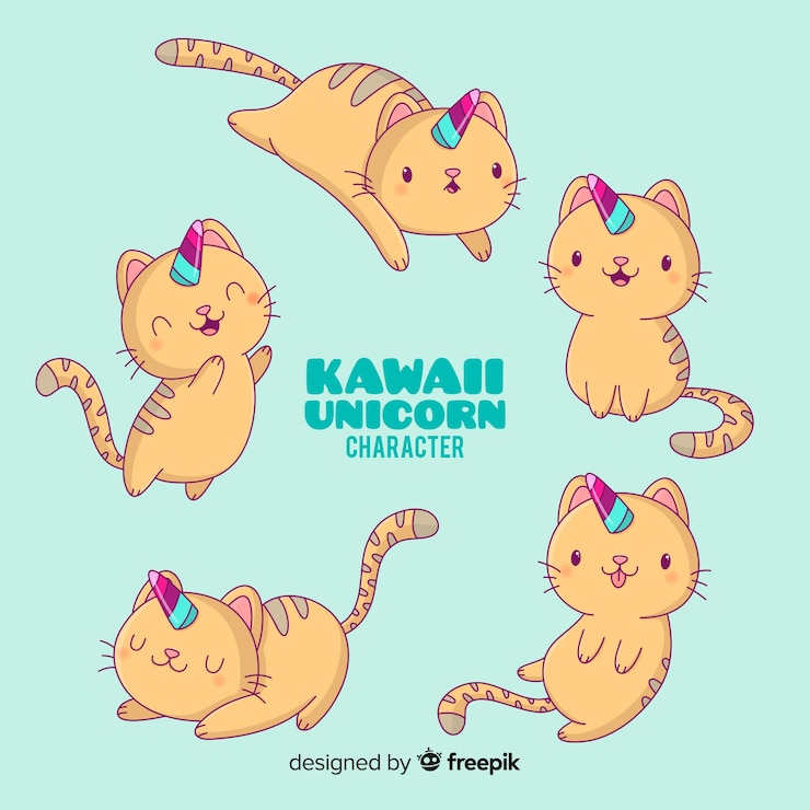 Vecteur gratuit collection de personnages de licornes pour chats kawaii
