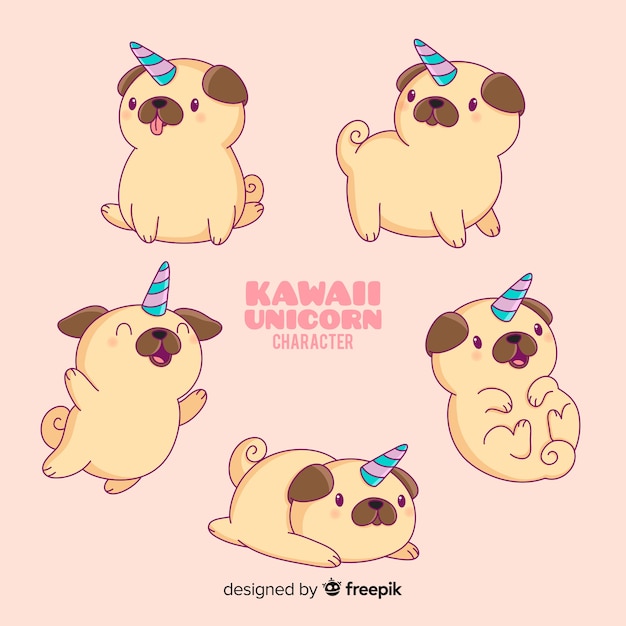 Vecteur gratuit collection de personnages de licornes pour chiens kawaii