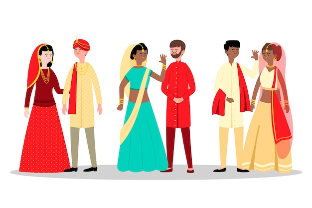 Vecteur gratuit collection de personnages de mariage indien