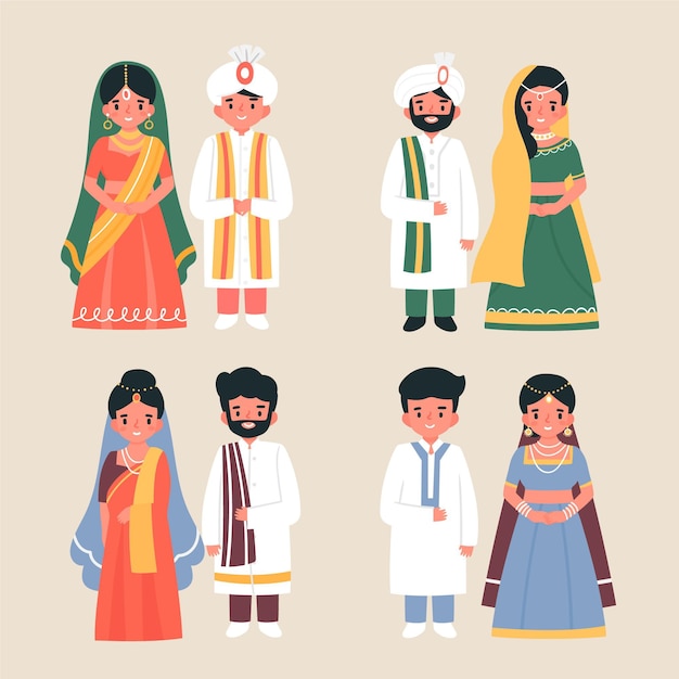 Vecteur gratuit collection de personnages de mariage indien