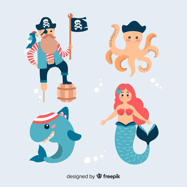 Collection de personnages de mer dessinés à la main