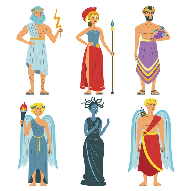 Collection de personnages de mythologie grecque design plat dessinés à la main