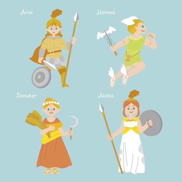 Collection de personnages de mythologie grecque dessinés à la main