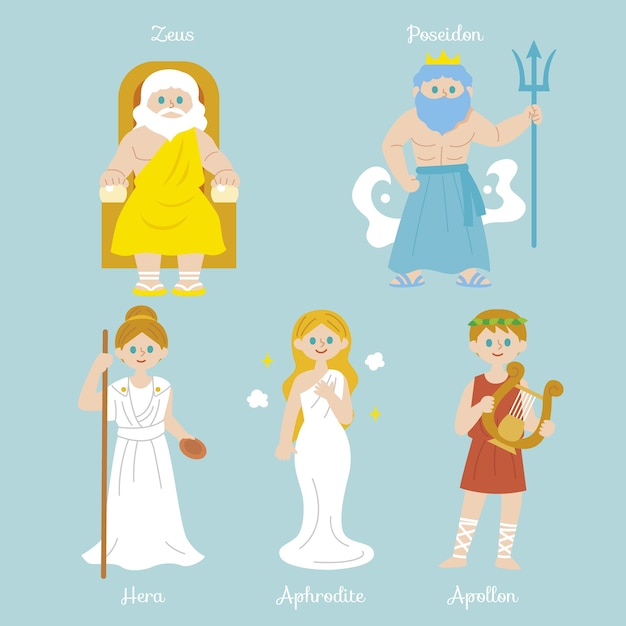 Vecteur gratuit collection de personnages de mythologie grecque dessinés à la main