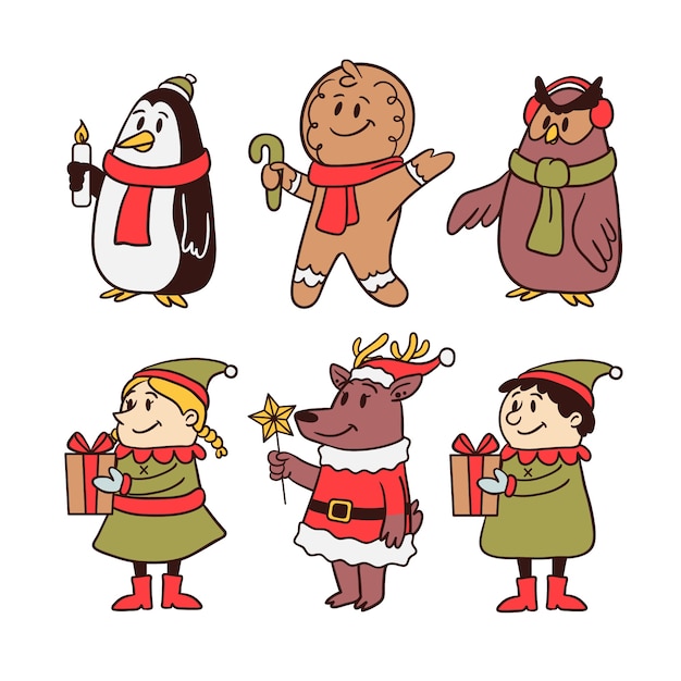 Vecteur gratuit collection de personnages de noël dessinés à la main