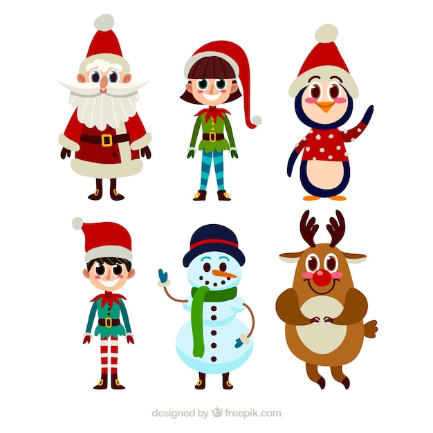 Vecteur gratuit collection de personnages de noël typiques en style cartoon