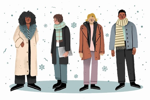 Collection de personnes d'hiver dessinées à la main