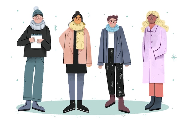 Collection de personnes d'hiver dessinées à la main