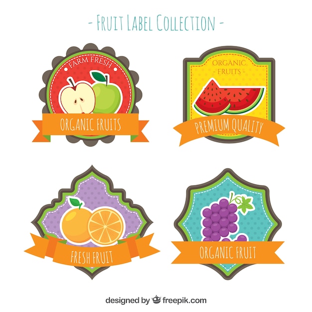 Vecteur gratuit collection plate de quatre étiquettes de fruits décoratifs