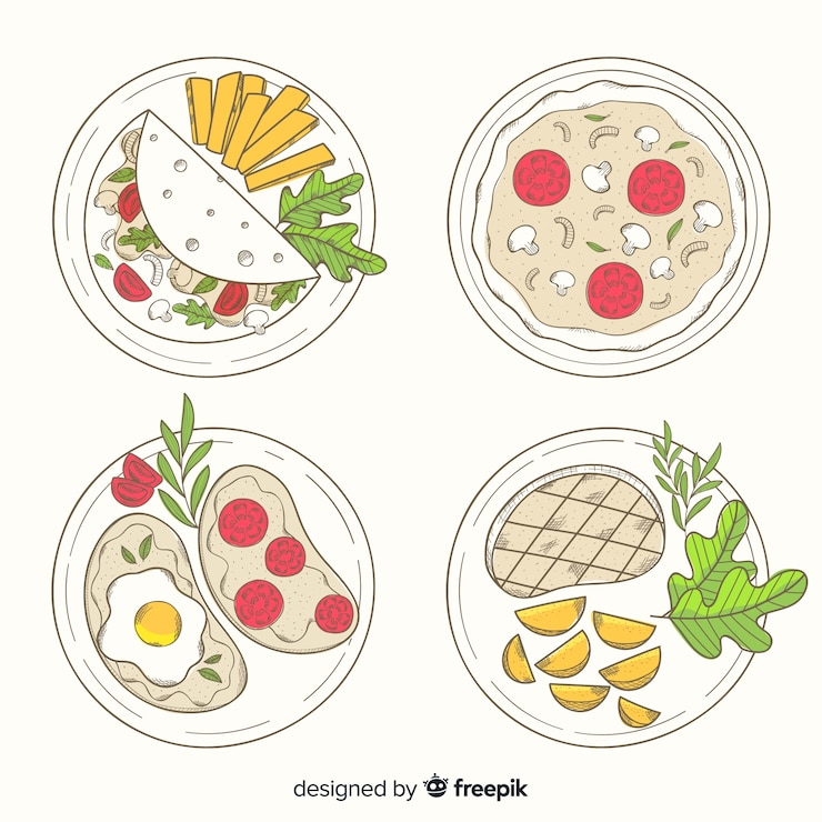Vecteur gratuit collection de plats de nourriture dessinés à la main
