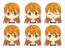 Vecteur gratuit collection portrait jeune femme expressions faciales en personnage de dessin animé avec diverses émotions isolées sur fond blanc pour illustration vectorielle de graphiste