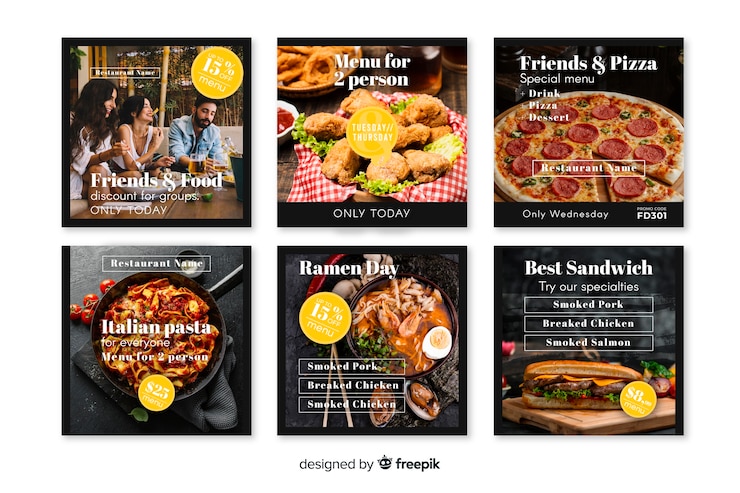 Vecteur gratuit collection de post culinaire avec photo instagram