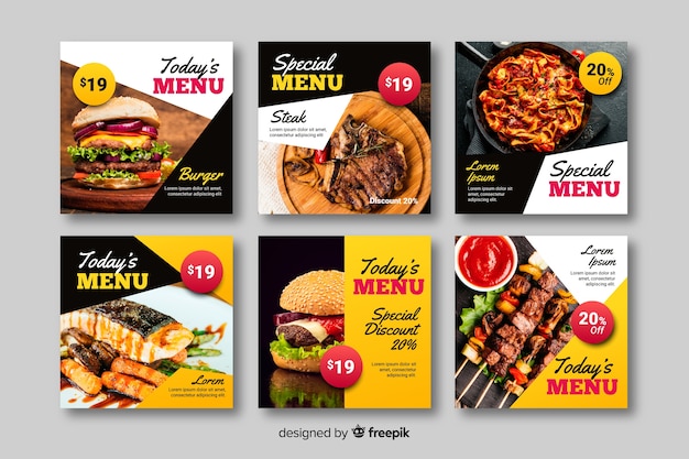 Vecteur gratuit collection de post culinaire avec photo instagram