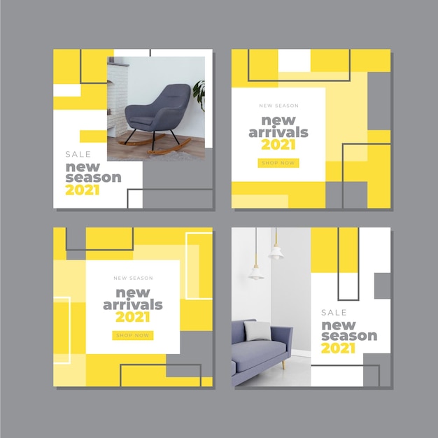 Vecteur gratuit collection de post instagram abstrait jaune et gris