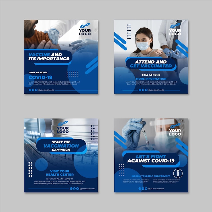 Vecteur gratuit collection de post instagram de vaccin plat avec photos