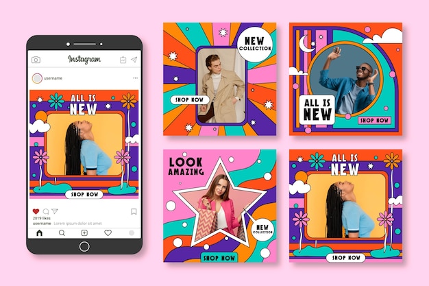Collection de post instagram de vente groovy dessinée à la main