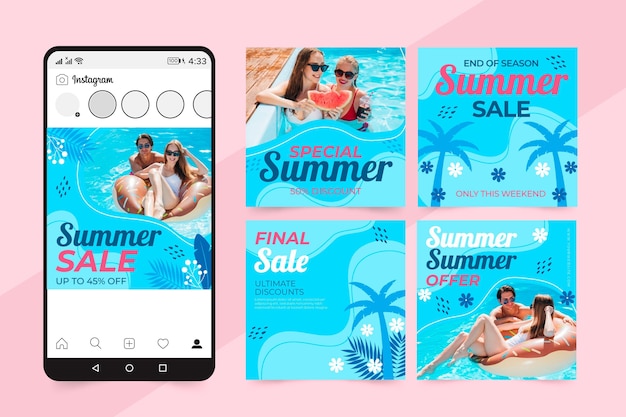Vecteur gratuit collection de posts instagram d'été plat avec photo