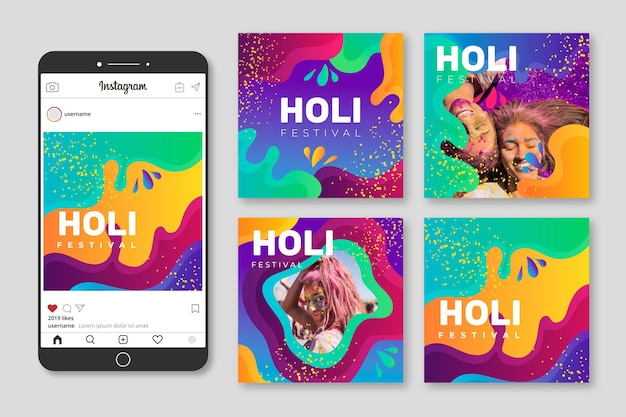 Collection De Posts Instagram Festival Holi Dessinés à La Main