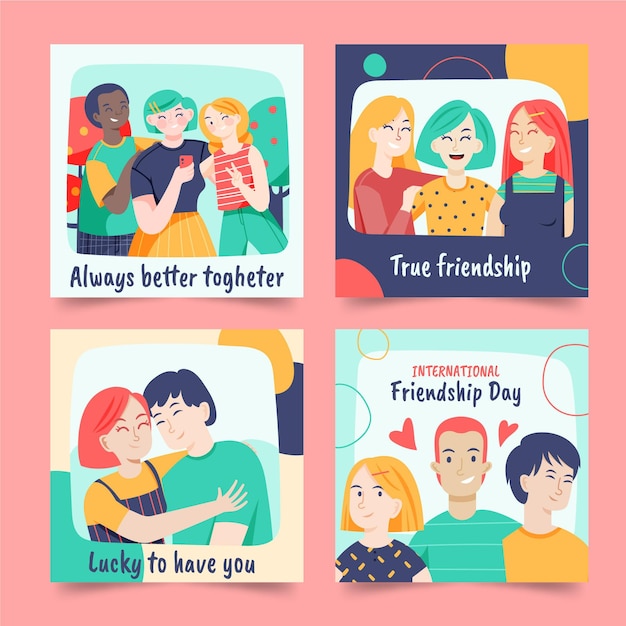 Collection De Posts Instagram De La Journée Internationale De L'amitié Dessinée à La Main