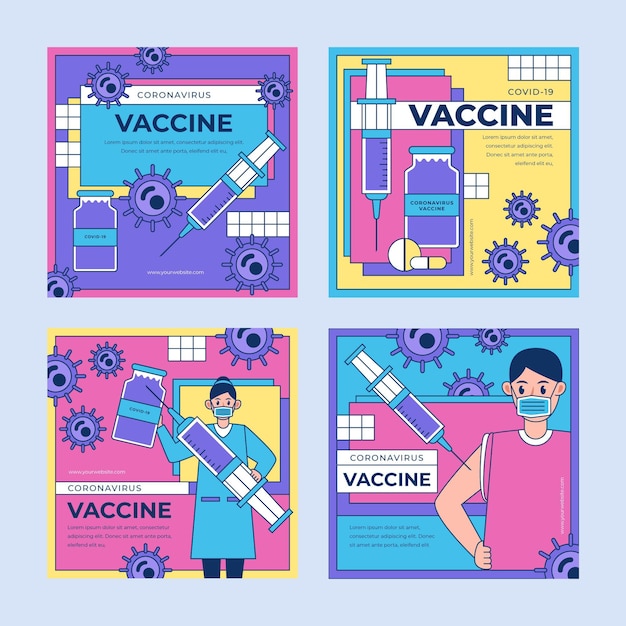 Vecteur gratuit collection de posts instagram de vaccin plat linéaire