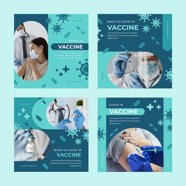 Vecteur gratuit collection de posts instagram de vaccin plat avec photos