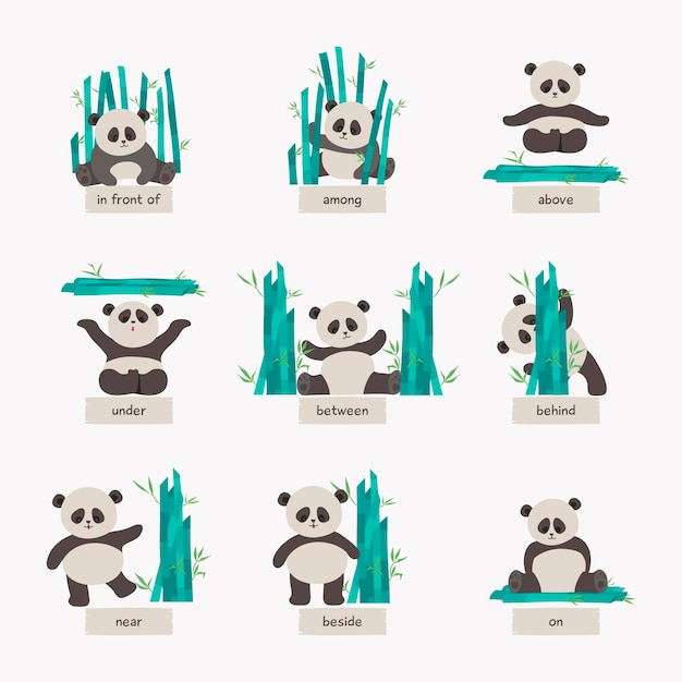 Vecteur gratuit collection de prépositions anglaises avec un panda mignon