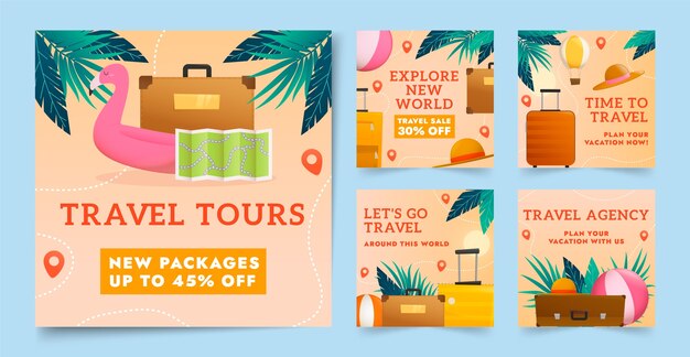 Collection de publications instagram d'agence de voyage dégradée